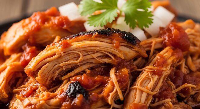A close-up of delicious chicken tinga prepared with shredded poultry simmered in a savory tomato and chipotle sauce garnished with fresh cilantro and onion