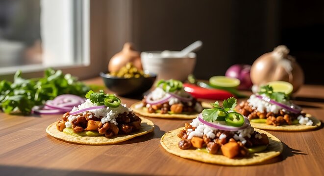 A delicious close up of authentic chicken tinga street tacos served on corn tortillas with fresh cilantro, onions, cheese, and jalapenos on a wooden table