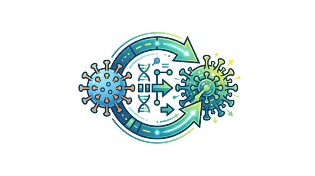 Coronavirus genetic mutation and replication cycle illustration.