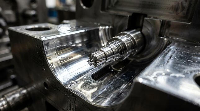 Close-up view of a high-precision CNC machining process with metal workpiece and cutting tool.