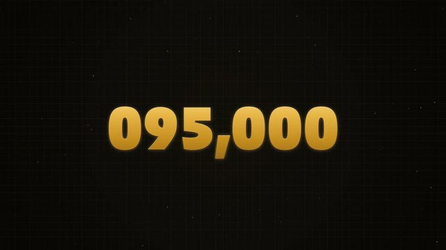 Milestone Counter Animation Rolling Up to One Hundred Thousand with Gold Metallic Bevel Digit on Dark Grid, 4K Horizontal Background