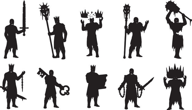 Black silhouette collection of ten dark fantasy undead characters and monsters including lich kings, warriors with swords and maces, and figures holding a giant key and scroll.