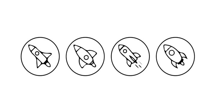 Rocket launch line icon set vector illustration. Minimalist thin outline icon collection of spaceships flying inside circles, representing startup business growth,