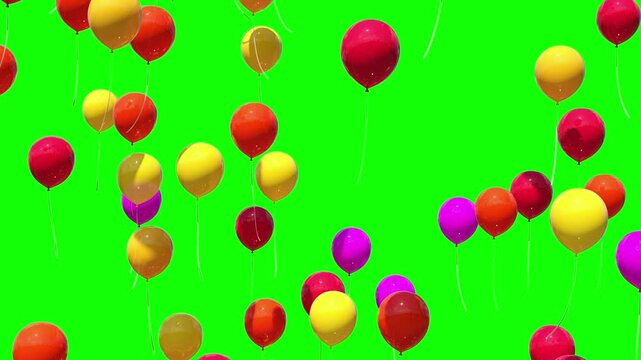 Multicolored balloons rise into the air against a green background.