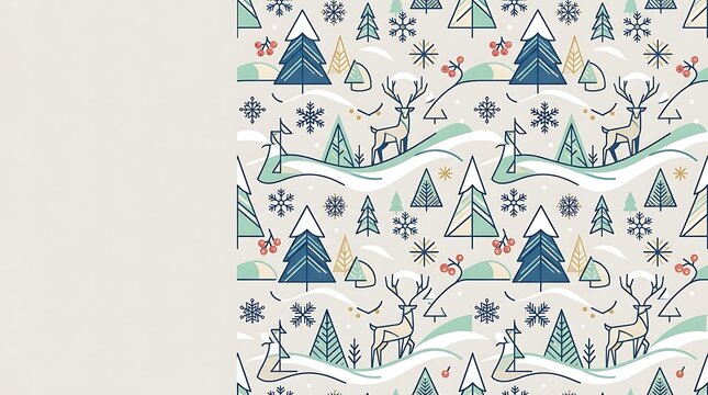 Minimalist geometric winter pattern with reindeer and pine trees