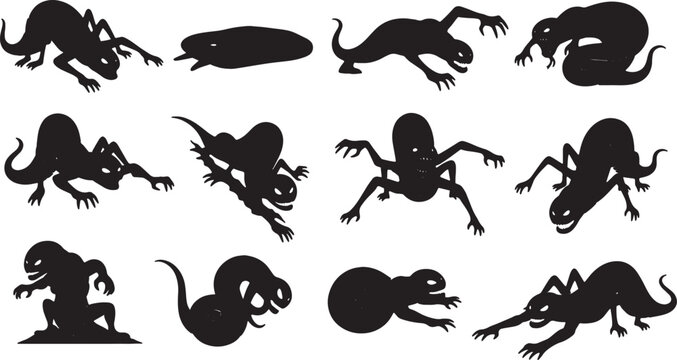 Collection of black silhouettes of scary alien monsters and mutated creatures in various crawling and lunging poses isolated on a white background for horror and sci-fi design.