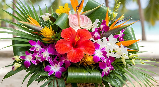 Vibrant tropical flower bouquet on beach.