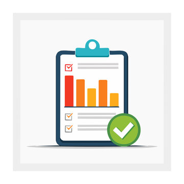 Clipboard with bar graph, checklist, and checkmark