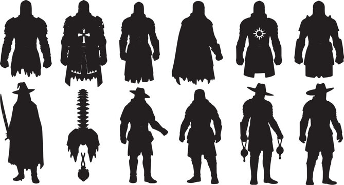 Collection of medieval fantasy character silhouettes including armored knights, crusaders with crosses, wizards with swords, and hooded warriors isolated on white background.