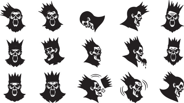 Collection of fifteen black and white silhouette illustrations featuring screaming zombie heads wearing crowns. Various angles of undead skeletal faces with jagged crowns on white.