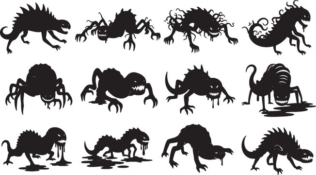 Set of 12 black silhouette illustrations of scary monster creatures on a white background including mutated beasts with spikes, tentacles, claws, sharp teeth and dripping slime.