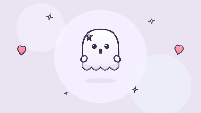 Cute ghost character blushing and floating on a pastel background