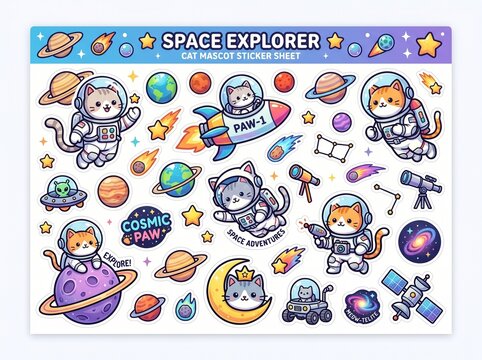 Vibrant cosmic feline mascot sticker collection featuring brave kitten astronauts orbiting planets with powerful energy and celestial stars