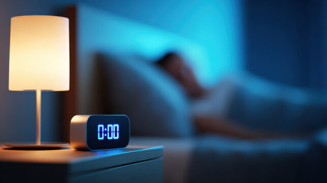 Night table lamp digital clock bedroom sleeping person blue light bedside table modern interior night light alarm clock blurred background