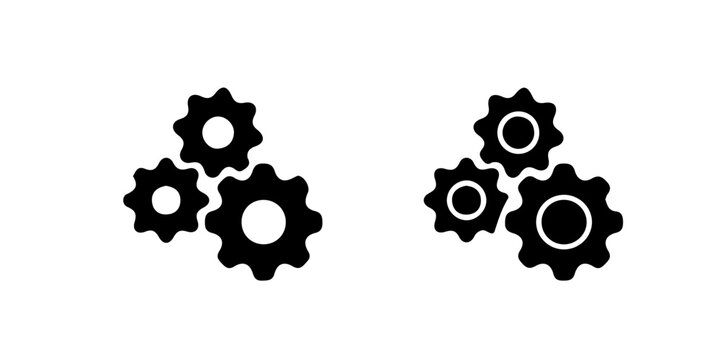 Three gears mechanism icon set vector illustration. Minimalist solid black silhouette icon collection of three interlocking cogs, representing teamwork