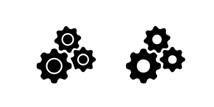 Three gears mechanism icon set vector illustration. Minimalist solid black silhouette icon collection of three interlocking cogs, representing teamwork