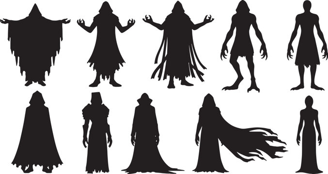 Collection of black silhouette illustrations featuring hooded figures, necromancers, and grim reapers in various poses, isolated on a white background for horror fantasy design.