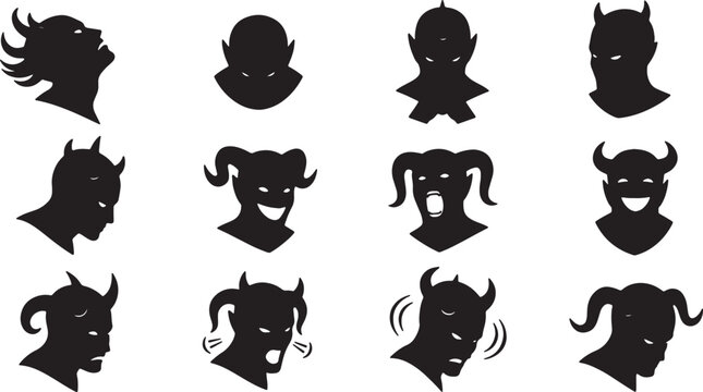 Collection of twelve black silhouettes featuring demon and devil heads with various horn shapes and facial expressions, including screaming and grinning, isolated on white background.