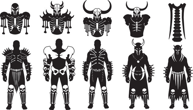 Collection of black silhouette illustrations featuring dark fantasy bone armor, necromancer warrior suits, skeletal chest plates, and demonic tribal outfits for game character design.