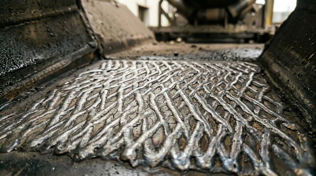 Close-up of a textured, patterned rubber tire tread with intricate details and wear marks.