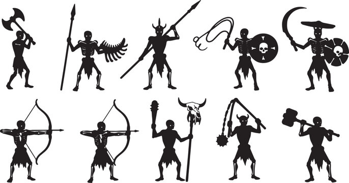 Set of ten black silhouette skeleton warriors and undead monsters with various weapons including bows, axes, spears, shields, and flails isolated on a white background for RPG games.