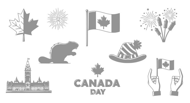 Canada Day Celebration Symbols: Maple Leaf, Beaver, Parliament Hill, Flag, Festive Hat