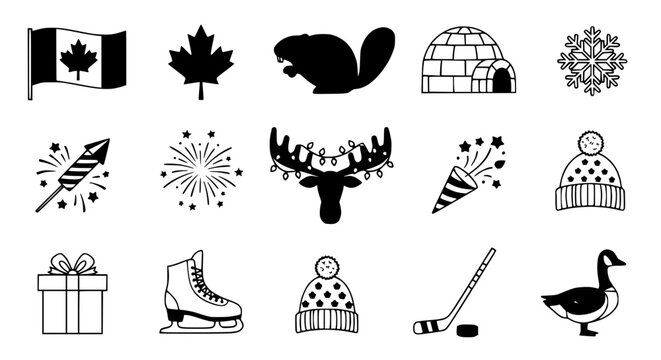 Canadian Icons Collection: Maple Leaf, Beaver, Flag, Ice Skate, Hockey, Winter Symbols