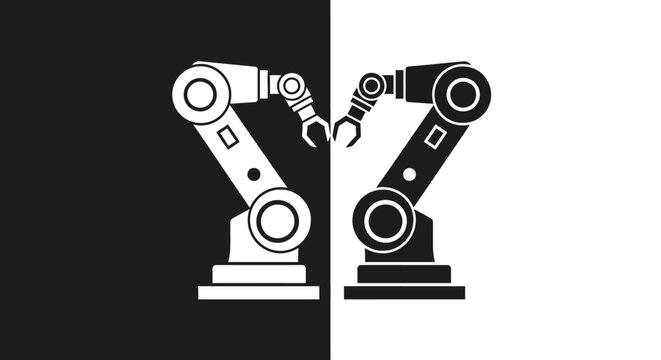 Robotic arms with tools on black and white background.