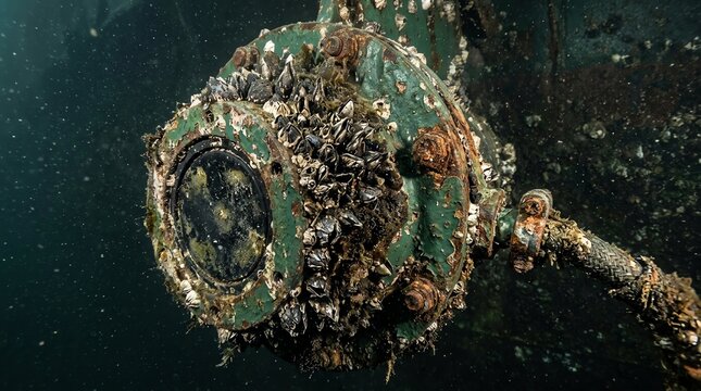 Sunken Submarine Remains Covered in Marine Growth and Coral on Ocean Floor.