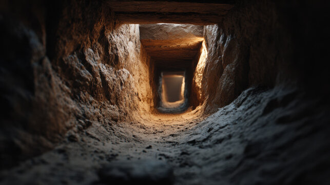 Narrow tunnel interior with rough rock walls and warm light at end, dramatic underground passage