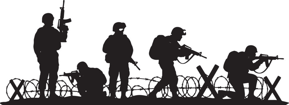 Black silhouette illustration of five soldiers in tactical gear with assault rifles standing and kneeling behind a barbed wire fence and anti-tank barriers on white.