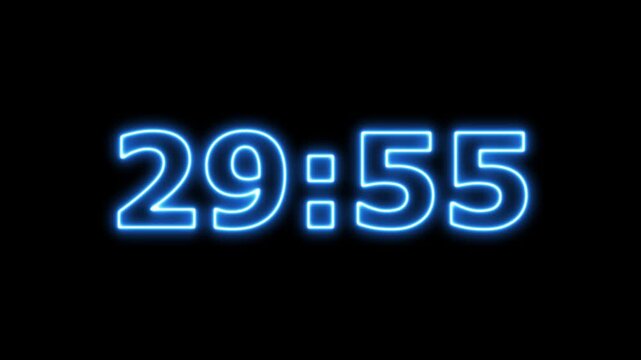 30 minute Countdown timer .Neon blue glow timer counts down from thirty minutes on a black background.