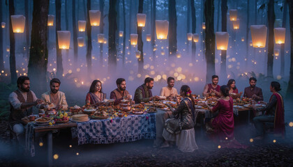 Obraz premium Large group dining at long table under floating lanterns outdoors.