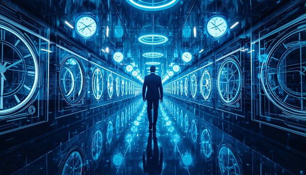 Businessman Stuck In Infinite AI Time Loop Surrounded By Holographic Clocks Futuristic Automation Concept