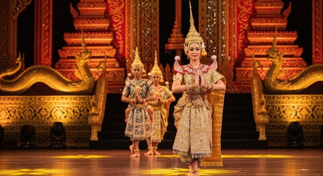 Traditional Thai dancers perform on stage.