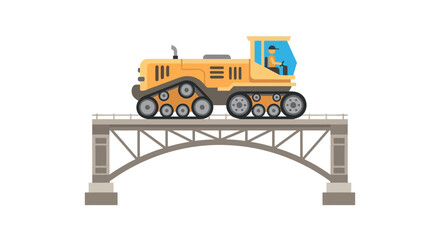 Fototapeta premium Yellow Tractor with Tracks Crossing a Bridge