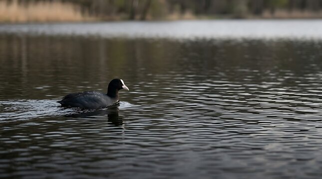 Black coot bird swimming on a calm dark lake