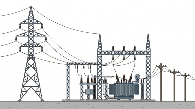 Electrical substation with power lines and transformer on white background Vector