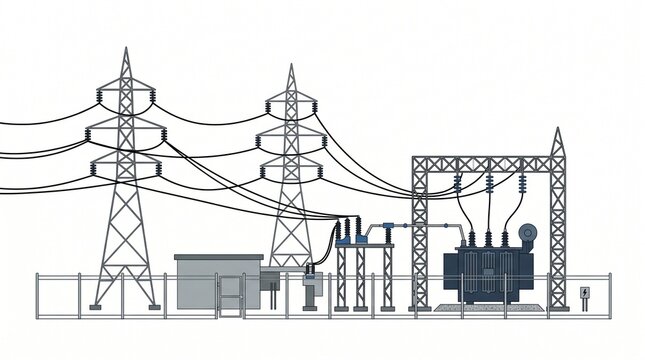 Electrical substation with power lines and transformer on white background Vector