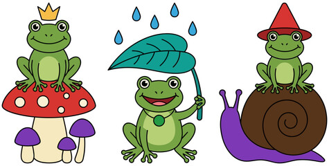 Fototapeta premium Three charming cartoon frogs in distinct poses one wearing a crown on a mushroom another holding a leaf as an umbrella and the third sitting atop a snail cute animal illustration