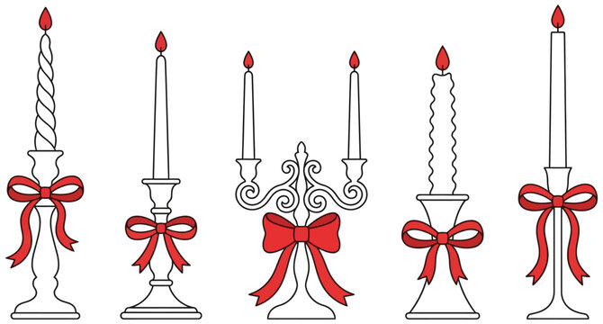 A festive collection of five decorative candles and candle holders adorned with vibrant red bows perfect for celebrations candlestick ornate flame light illuminated elegant