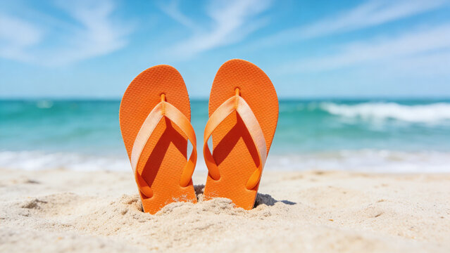 Vibrant orange flip flops sit on sandy beach by ocean waves.