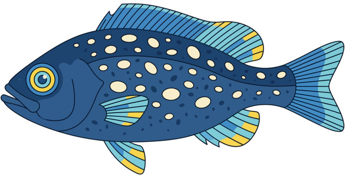 A vivid illustration of a blue fish with irregular white spots and blue and yellow striped fins detailed eye aquatic underwater sea creature marine life animal wild animal