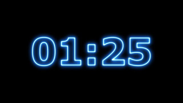Digital 1:30 minutes countdown, 1:30 minute timer countdown animation, seconds on transparent background 90 second countdown timer, Countdown video. 4k animation. Neon blue digital countdown timer,