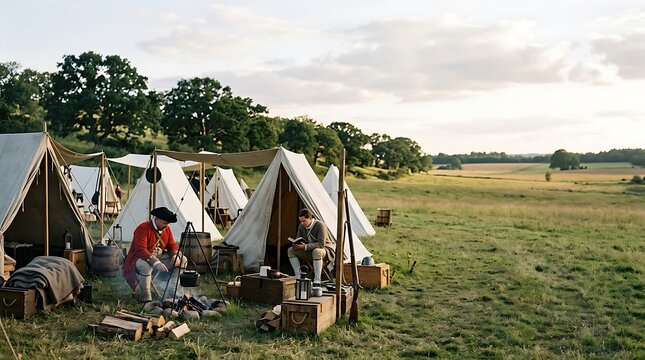 Soldiers at a historical military camp in a rolling green field