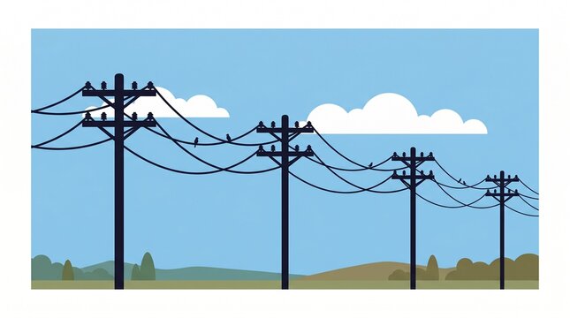 Power lines stretch across a landscape under a blue sky with clouds and birds Vector