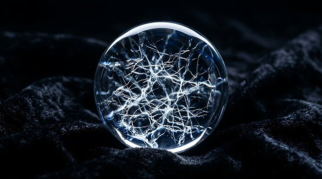 Glowing glass orb with neural network patterns on dark fabric