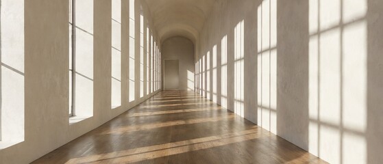 Elegant Sunlit Architectural Corridor with Grand Perspective and Natural Light
