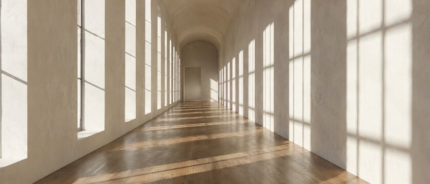 Elegant Sunlit Architectural Corridor with Grand Perspective and Natural Light