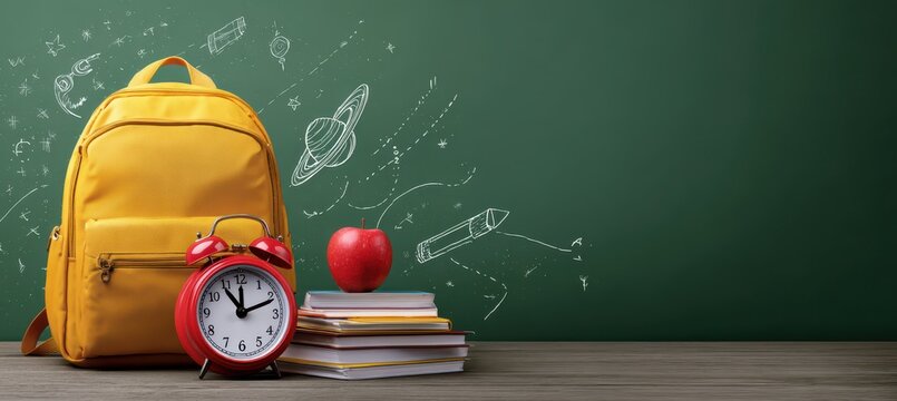 Back to school supplies with red alarm clock and stacked books on desk backpack chalkboard education stationary supplies classroom academic knowledge elementary institution information